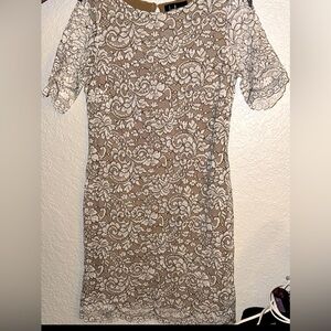 Elegant Lace Overlay Dress - Cream and Tan